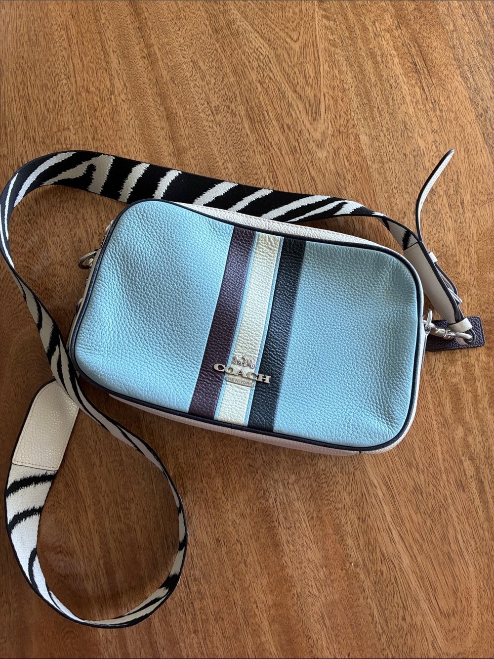 Coach Jes C4079 Crossbody Bag Waterfall Blue Colorblock Zebra Strap Leather